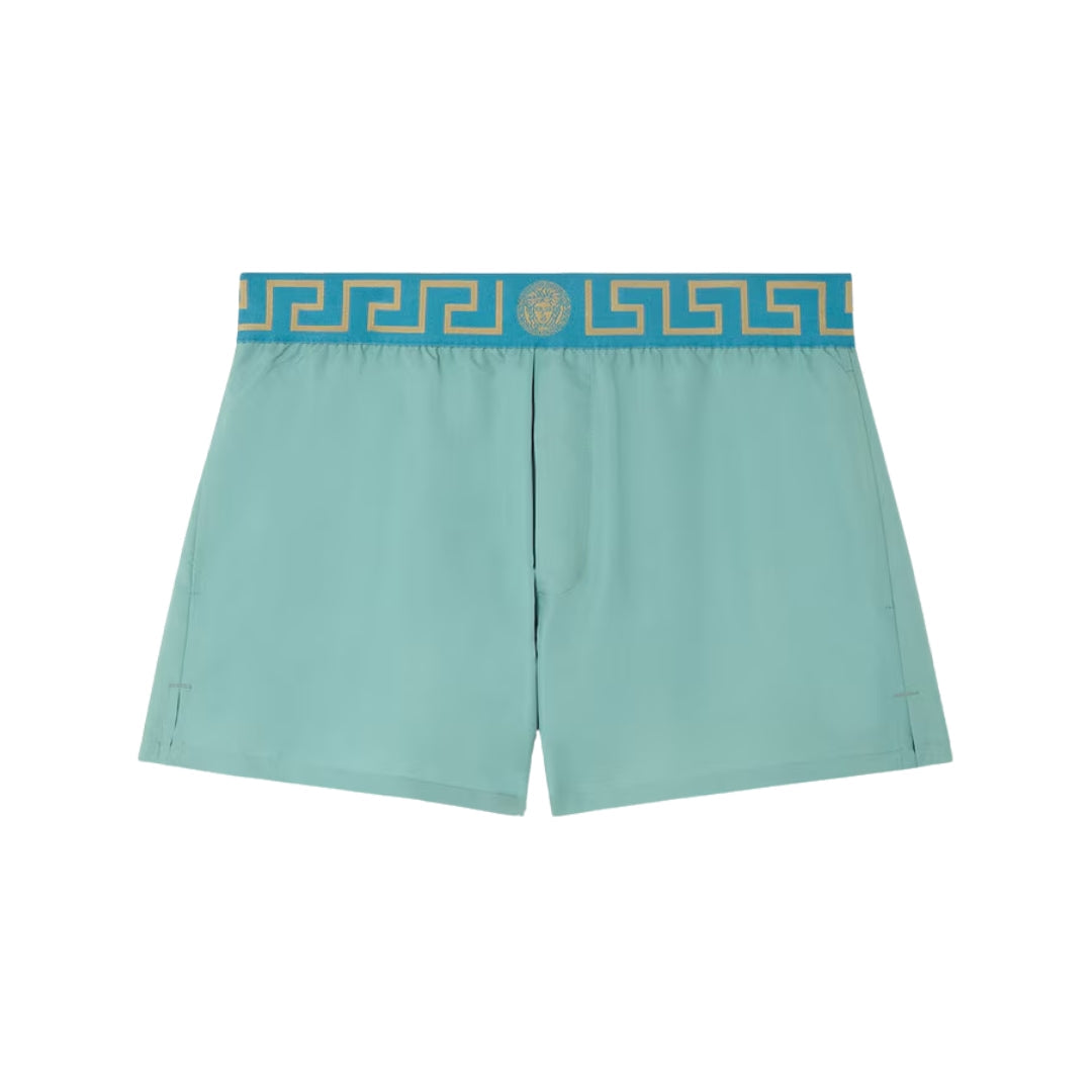 Versace Greca Border Swim Shorts in green with a stylish design and high-quality materials. Available at Lestyle Boutique Melbourne