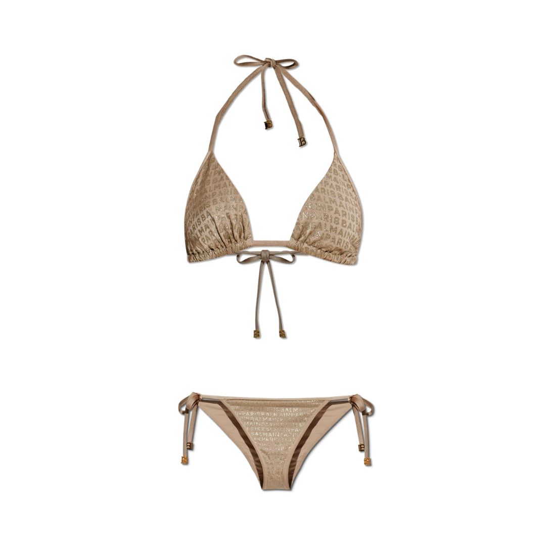 Balmain two-piece swimsuit in beige, featuring a classic triangle-shaped top and classic briefs with side ties. High-quality materials and design. Available at Lestyle Boutique Melbourne.