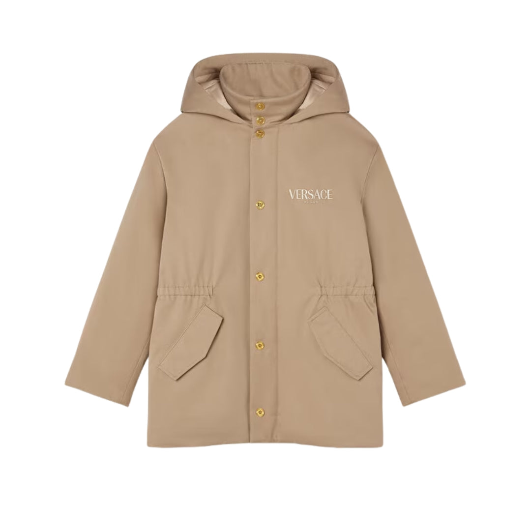 Versace Embroidered Milano Kids Parka in beige, featuring high-quality cotton and stylish design. Available at Lestyle Boutique Melbourne.