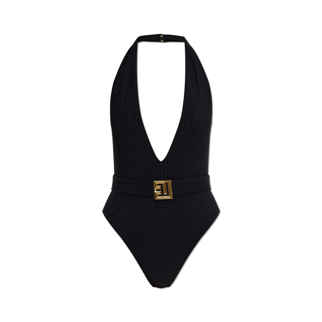Balmain black one-piece swimsuit embodies luxury and elegance with a geometric pattern and elegant buckle. Available at Lestyle Boutique Melbourne