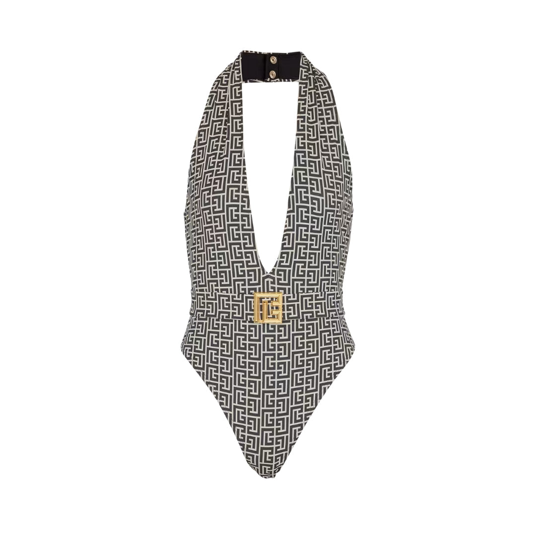 Balmain swimwear featuring a printed PB Labyrinth design with a plunging V-shaped neckline and a gold metal PB buckle. High-quality materials and stylish design. Available at Lestyle Boutique Melbourne.