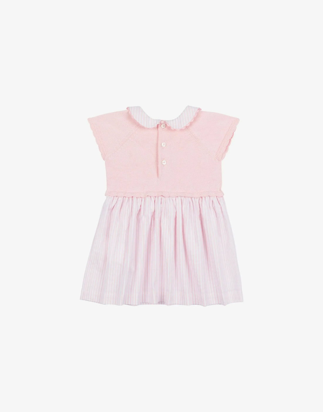 Moschino Kids/Baby dress featuring a pink jersey bodice with Teddy Bear embroidery, white Peter Pan collar, cap sleeves, and a pink and white striped seersucker skirt, available at Lestyle Boutique 136 Little Collins St.