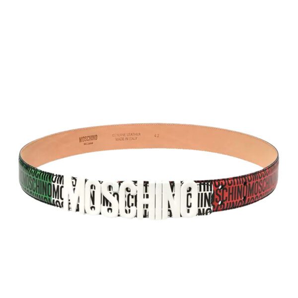 Moschino belt with tricolor design and allover logo pattern, available at Lestyle Boutique Melbourne