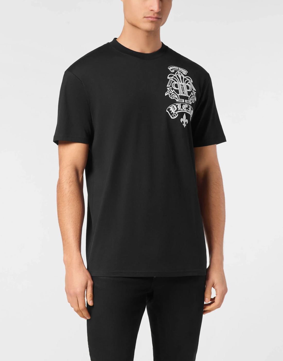 Philipp Plein black cotton jersey t-shirt with a round neck, short sleeves, tattoo-style pattern print at the left chest, and a logoed patch on the yoke, available at Lestyle Boutique 136 Little Collins St.