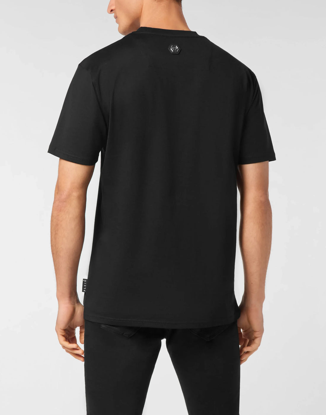 Philipp Plein black cotton jersey t-shirt with a round neck, short sleeves, white "Club The Course" and crest pattern print on the front, and a logoed patch at the yoke, available at Lestyle Boutique 136 Little Collins St.