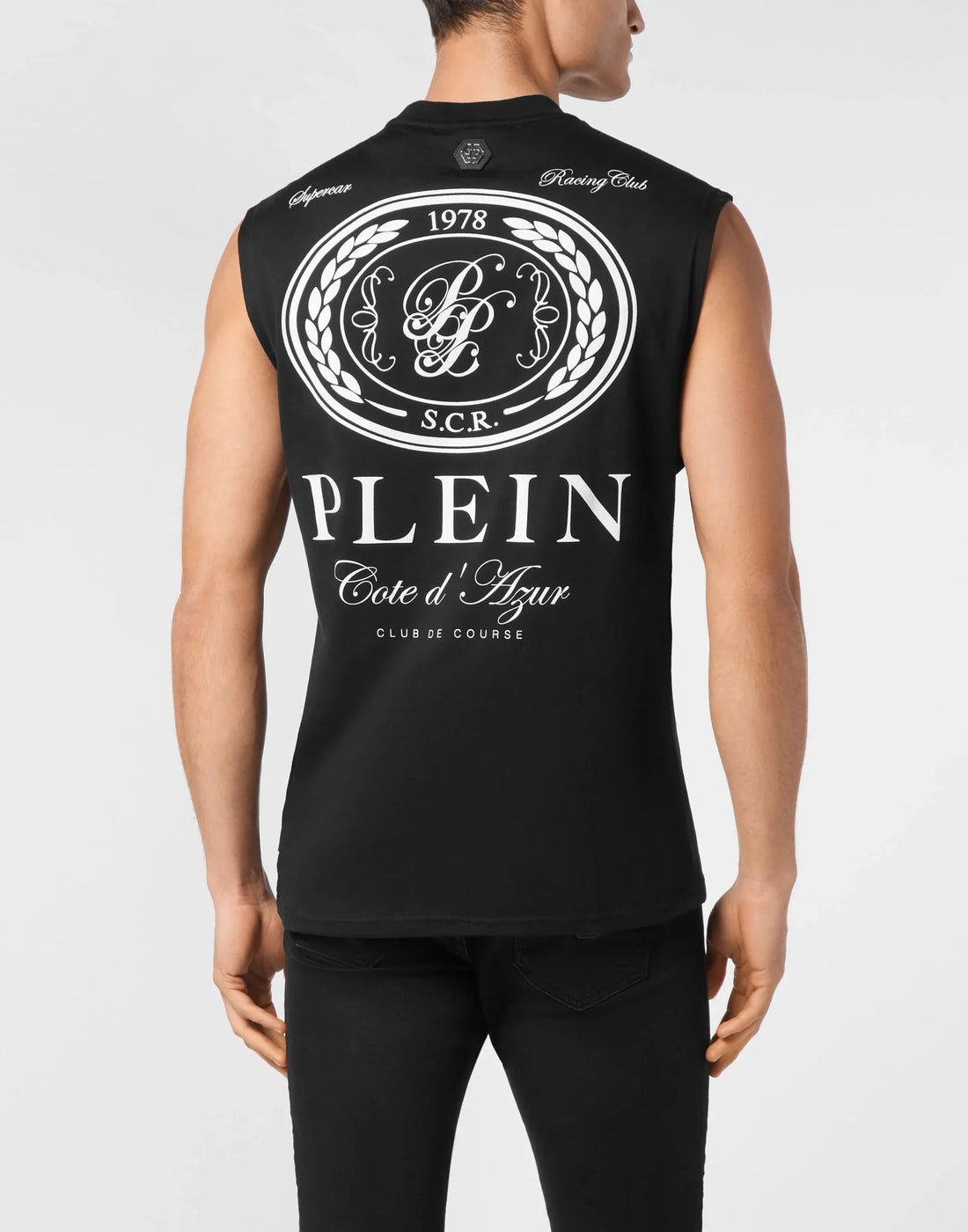 Philipp Plein black cotton jersey sleeveless top with a round neck, "Club The Course" and crest pattern print on the front and back, and a logoed patch at the yoke, available at Lestyle Boutique 136 Little Collins St.