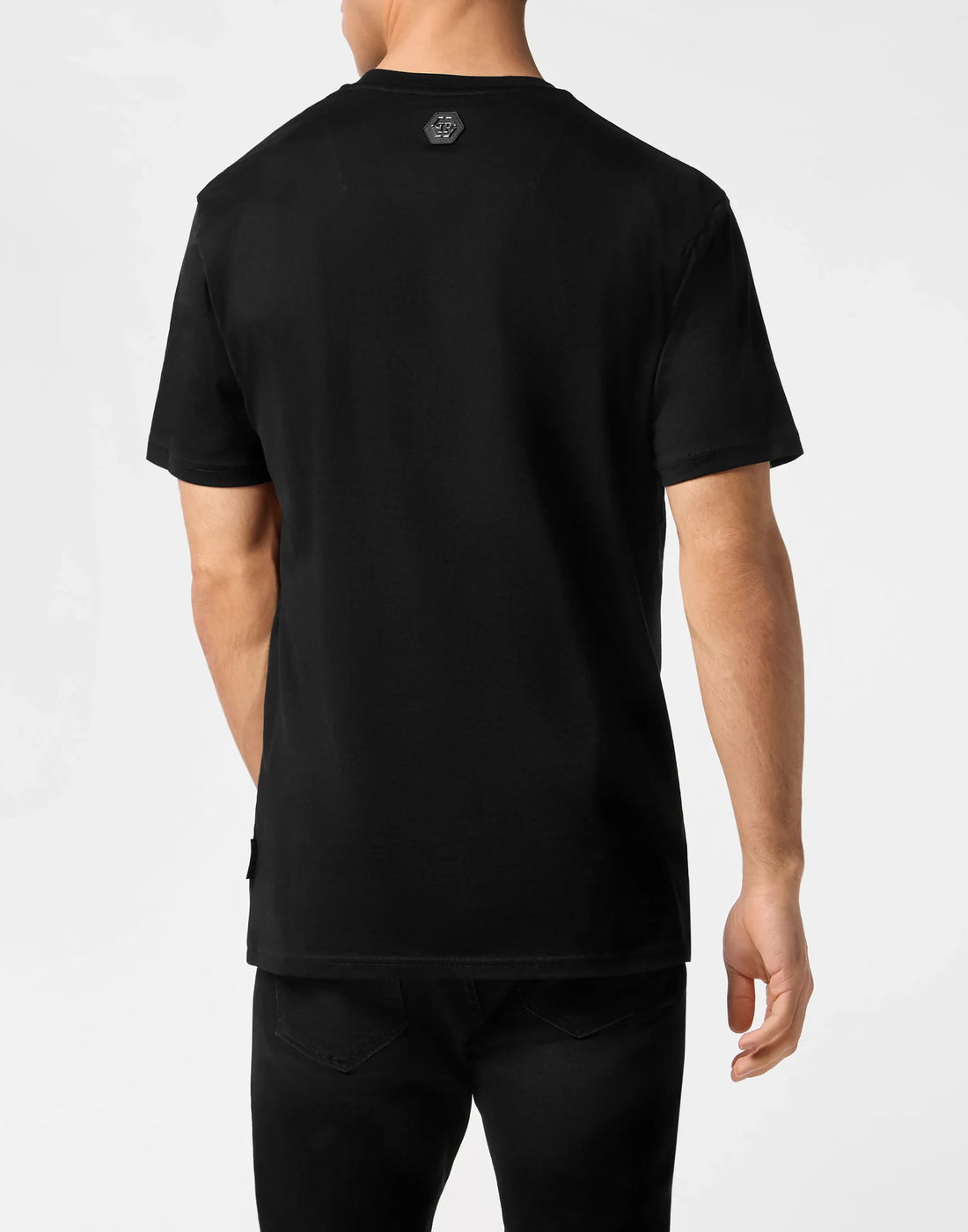 Philipp Plein black cotton jersey t-shirt with a round neck, short sleeves, multi-color "Cote D Azur Plam" graphic print on the front, and a logoed patch on the yoke, available at Lestyle Boutique 136 Little Collins St.
