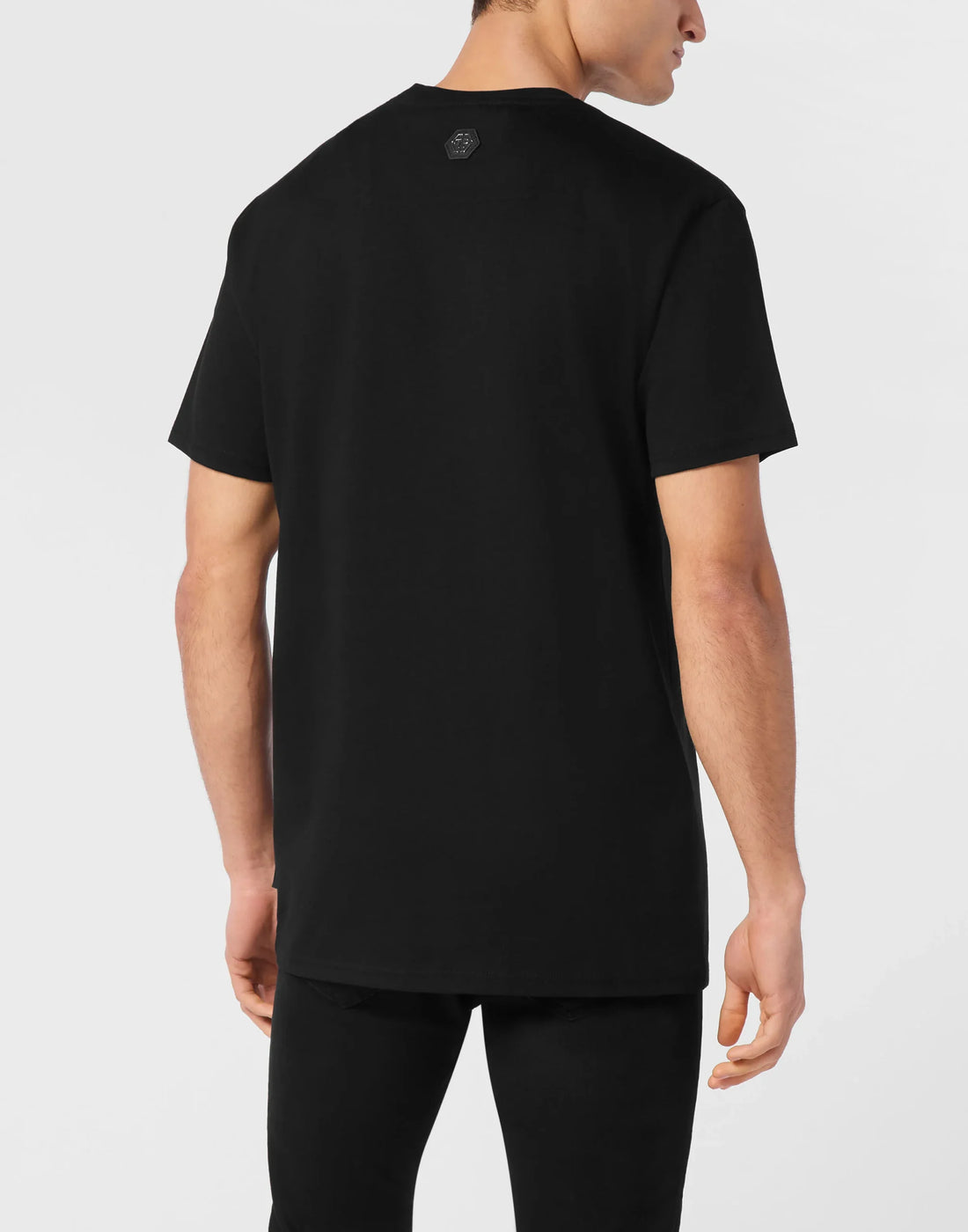 Philipp Plein black cotton jersey t-shirt with a round neck, short sleeves, and a "Supercar Stones" rhinestoned pattern print on the front, available at Lestyle Boutique 136 Little Collins St.