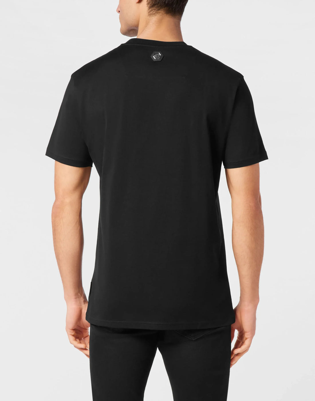 Philipp Plein black cotton jersey t-shirt with a round neck, short sleeves, and a "Cote D Azur Stones" rhinestoned pattern print on the front, available at Lestyle Boutique 136 Little Collins St.