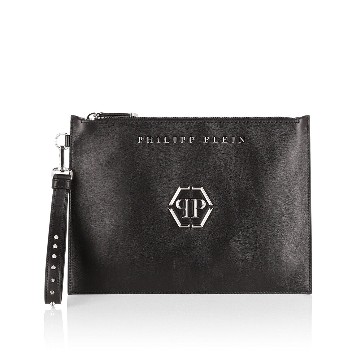 Black pouch with 'Philipp Plein' logo on a white background