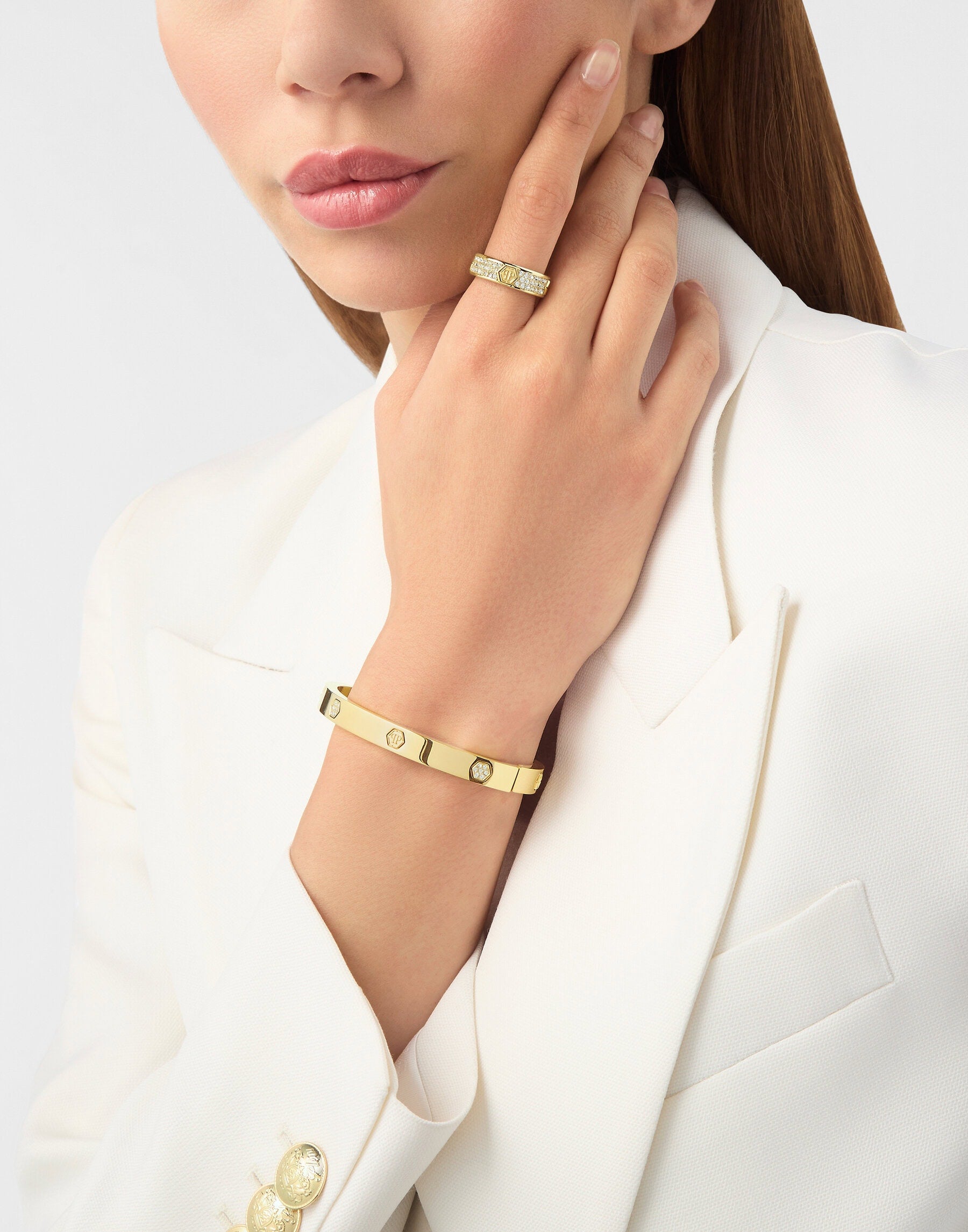 Philipp Plein cuff bangle featuring hexagon detail with white crystal embellishments available at Lestyle Boutique Melbourne