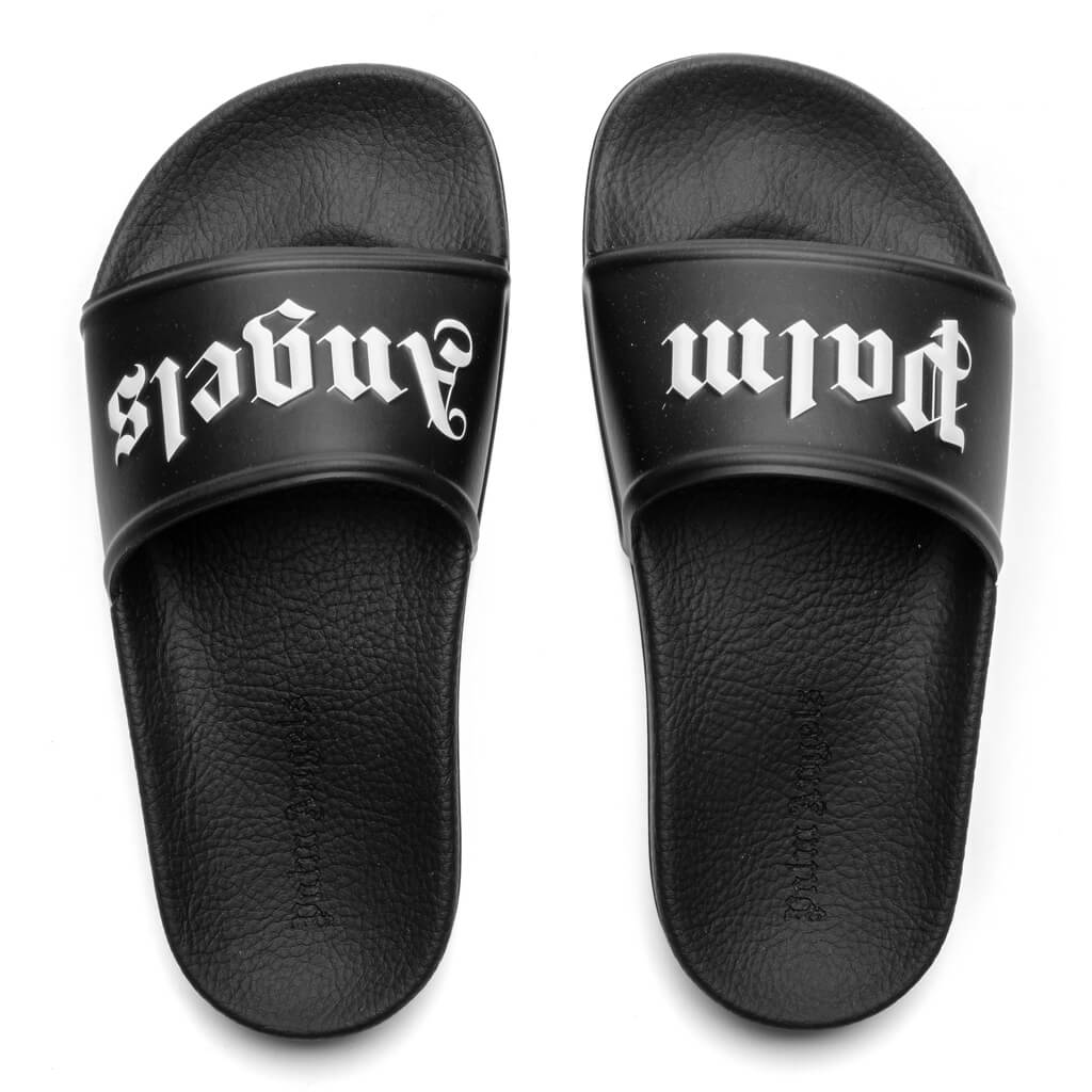Palm Angels slide sandal featuring bold white logo across the strap available at Lestyle Boutique Melbourne
