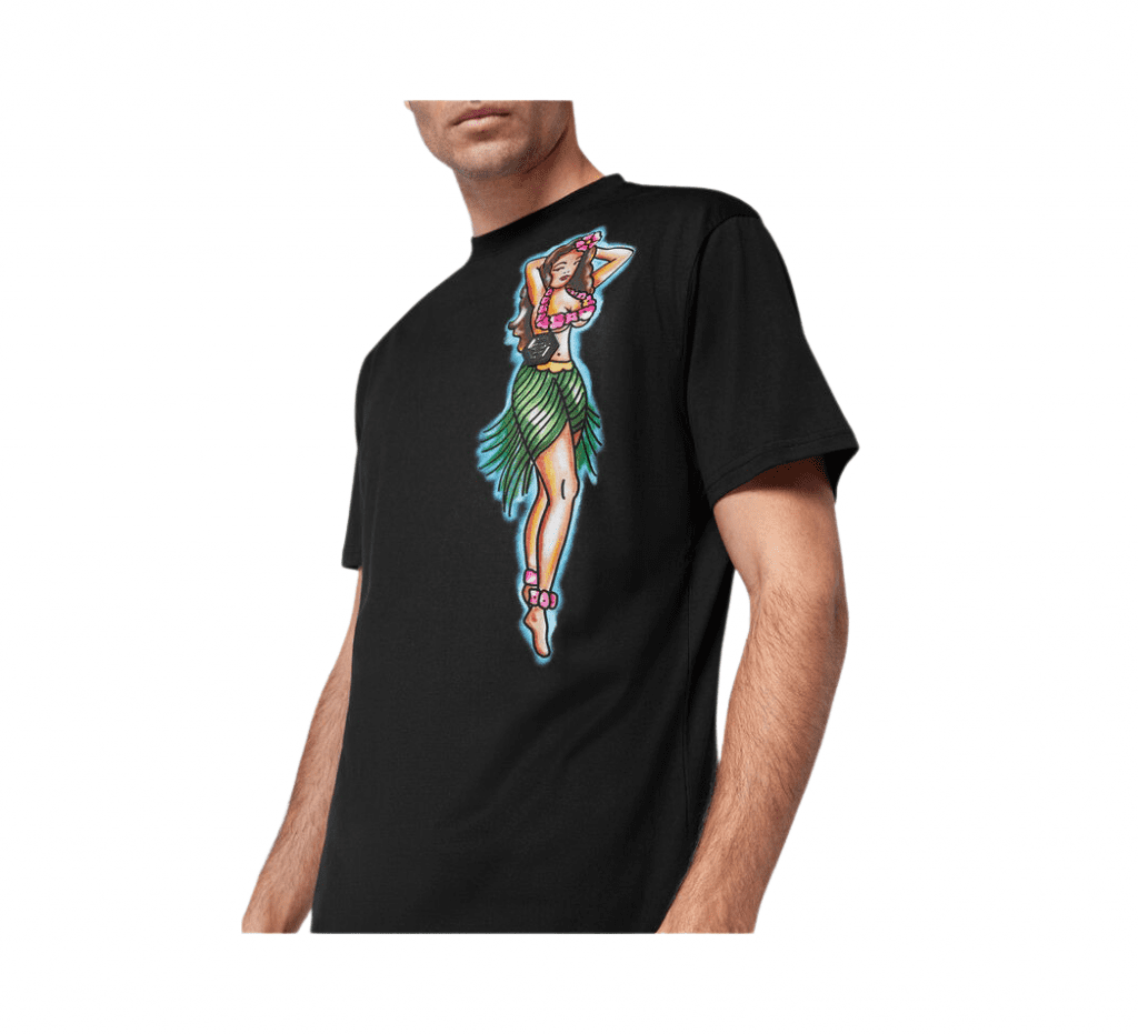 PHILIPP PLEIN T-SHIRT featuring Hawaii-themed print at left chest available at Lestyle Boutique Melbourne