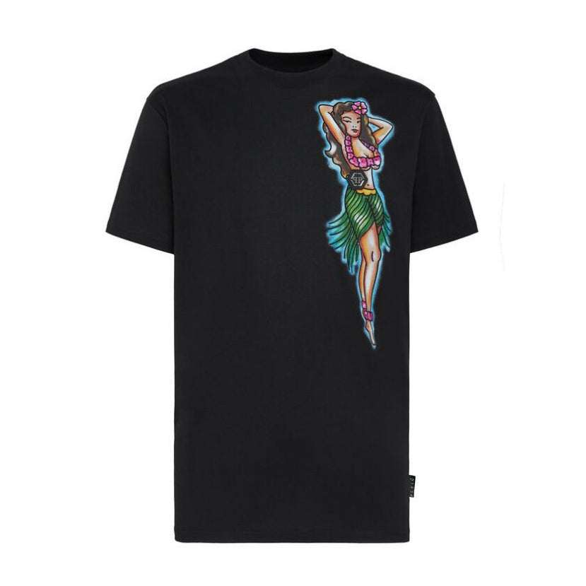 PHILIPP PLEIN T-SHIRT featuring Hawaii-themed print at left chest available at Lestyle Boutique Melbourne