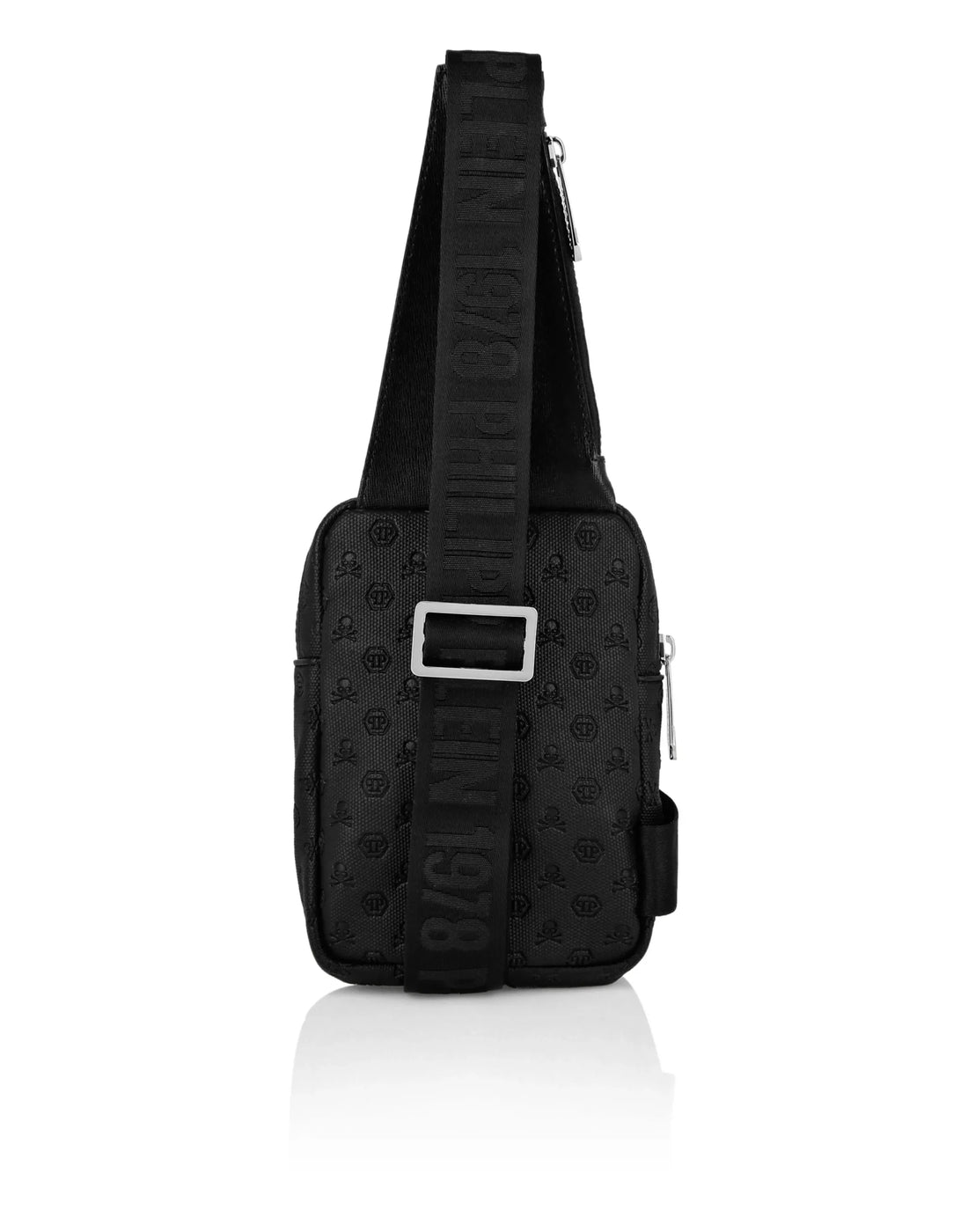 Philipp Plein black monogram-embossed canvas and leather crossbody bag with adjustable strap and zip pockets, available at Lestyle Boutique.
