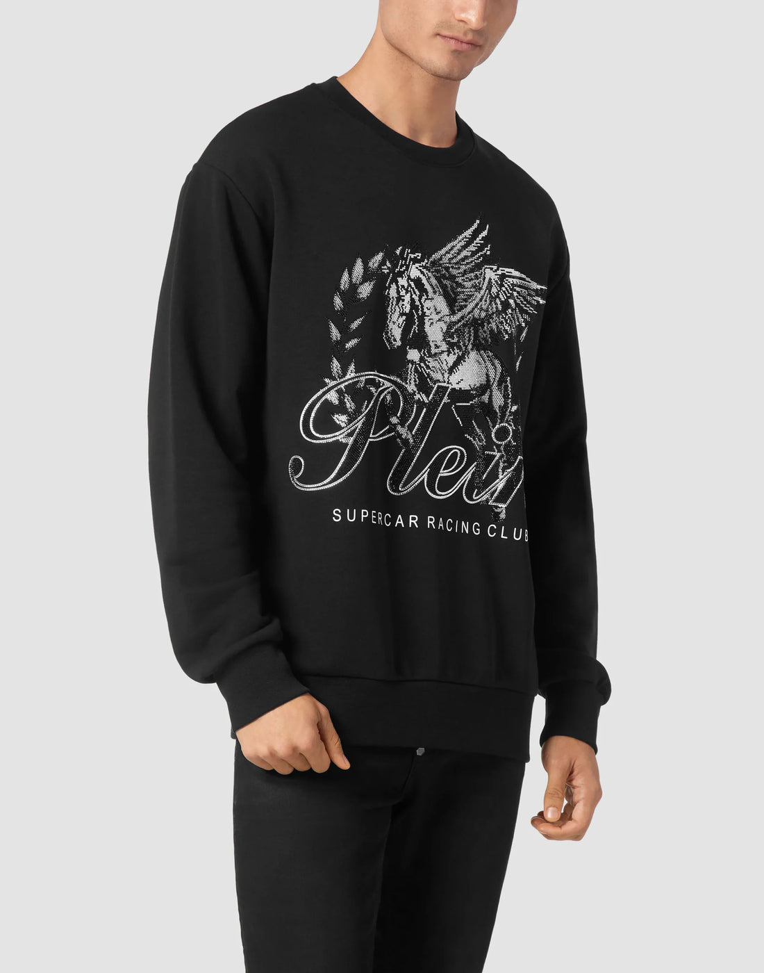 Philipp Plein black and white Supercar Racing Club sweatshirt with a bold front graphic and rhinestone details, designed for a statement look, available at Lestyle Boutique.