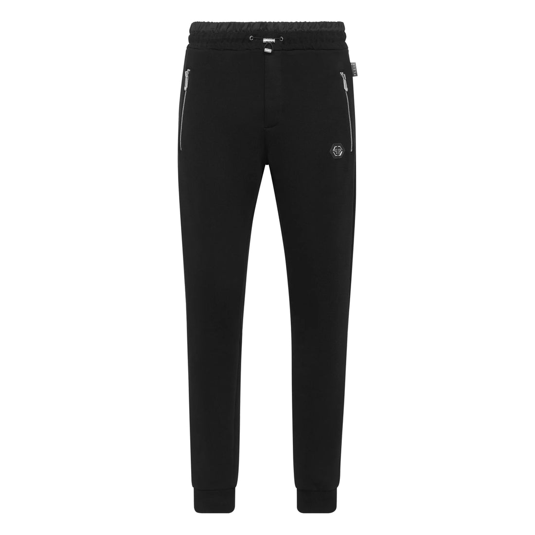 Philipp Plein black puffered jogging pants with a cotton-blend fleece construction, featuring zip-up pockets and ribbed cuffs, available at Lestyle Boutique.