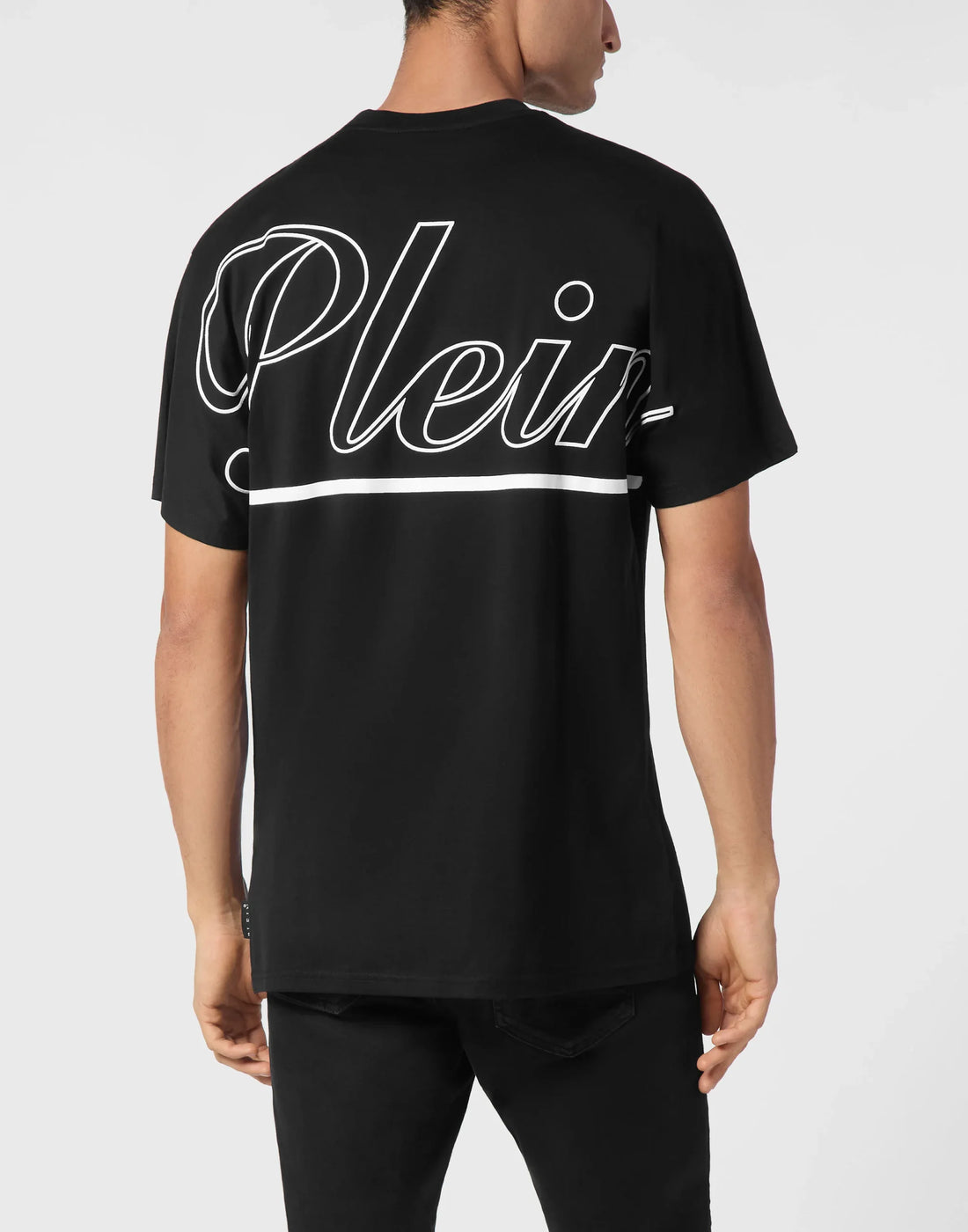 Philipp Plein black jersey round neck T-shirt featuring a logo print on front and back, crafted from soft cotton jersey, available at Lestyle Boutique.