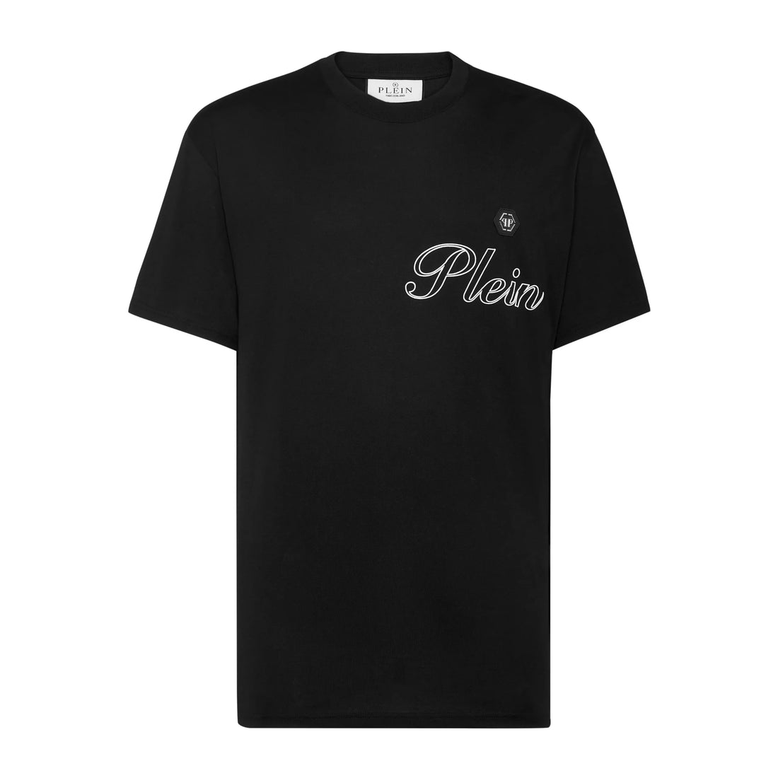 Philipp Plein black jersey round neck T-shirt featuring a logo print on front and back, crafted from soft cotton jersey, available at Lestyle Boutique.