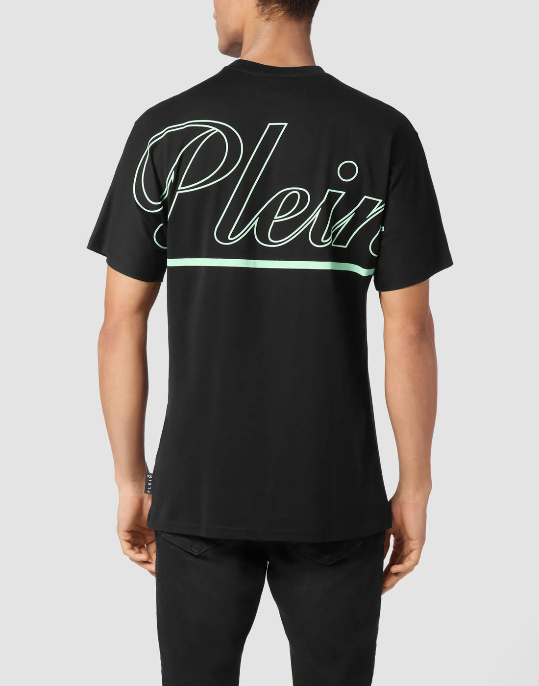 Philipp Plein black and turquoise jersey round neck T-shirt featuring a logo print on front and back, crafted from soft cotton jersey, available at Lestyle Boutique.