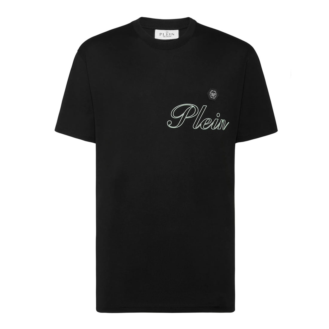 Philipp Plein black and turquoise jersey round neck T-shirt featuring a logo print on front and back, crafted from soft cotton jersey, available at Lestyle Boutique.