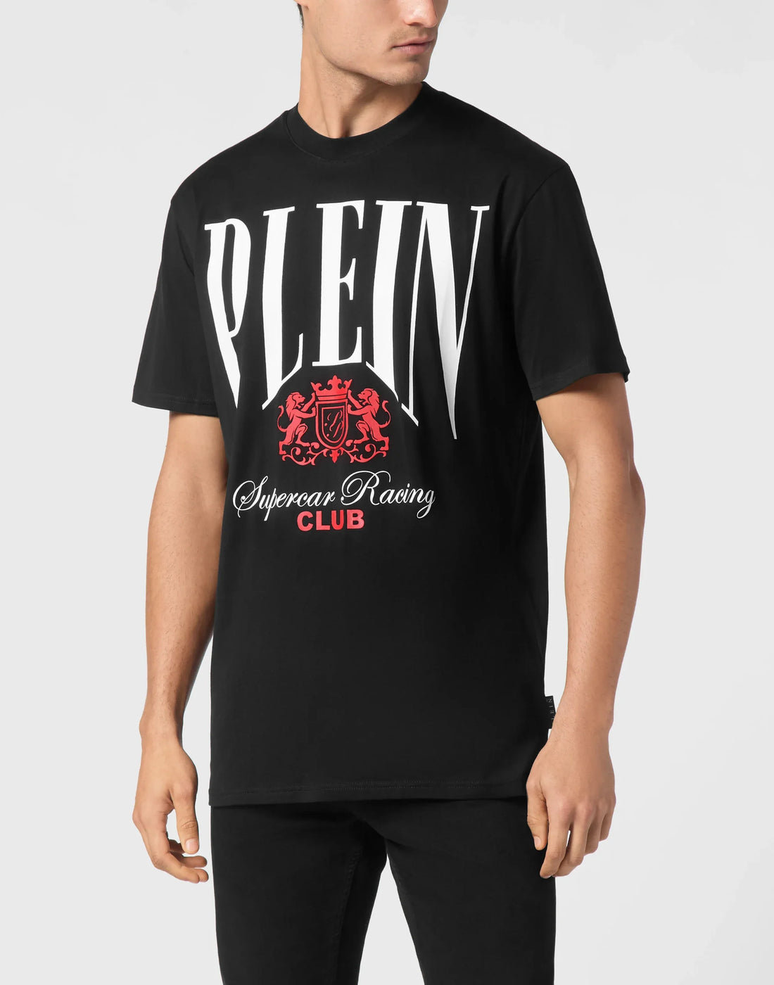 Philipp Plein black and white Cars Racing Club jersey T-shirt, featuring a bold front print, rib-knit neckline, and premium cotton jersey construction, available at Lestyle Boutique.