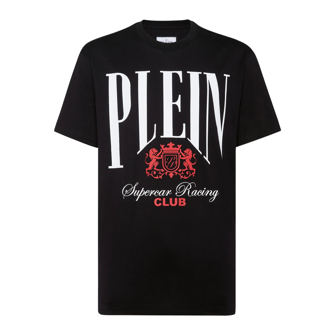 Philipp Plein black and red Supercar Racing Club jersey T-shirt, featuring a bold front print, rib-knit neckline, and high-quality cotton jersey fabric, available at Lestyle Boutique.