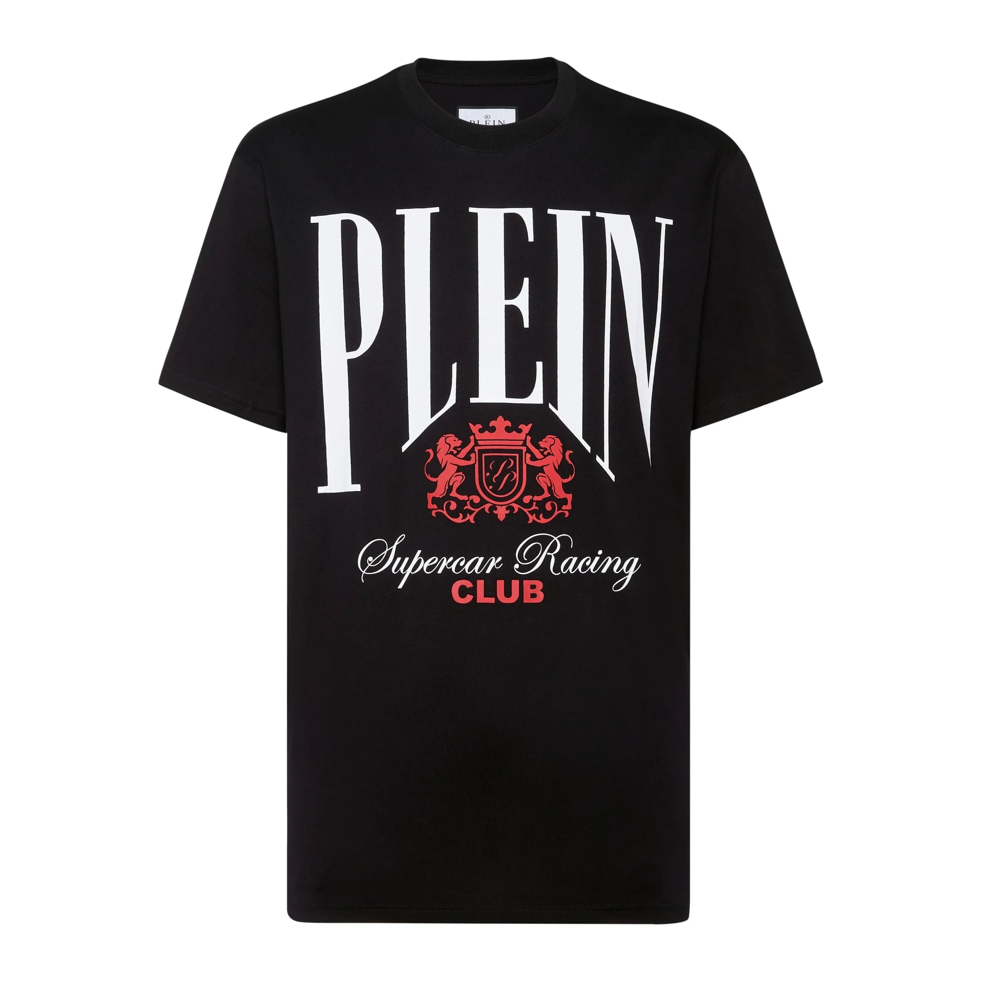 Philipp Plein black and red Supercar Racing Club jersey T-shirt, featuring a bold front print, rib-knit neckline, and high-quality cotton jersey fabric, available at Lestyle Boutique.