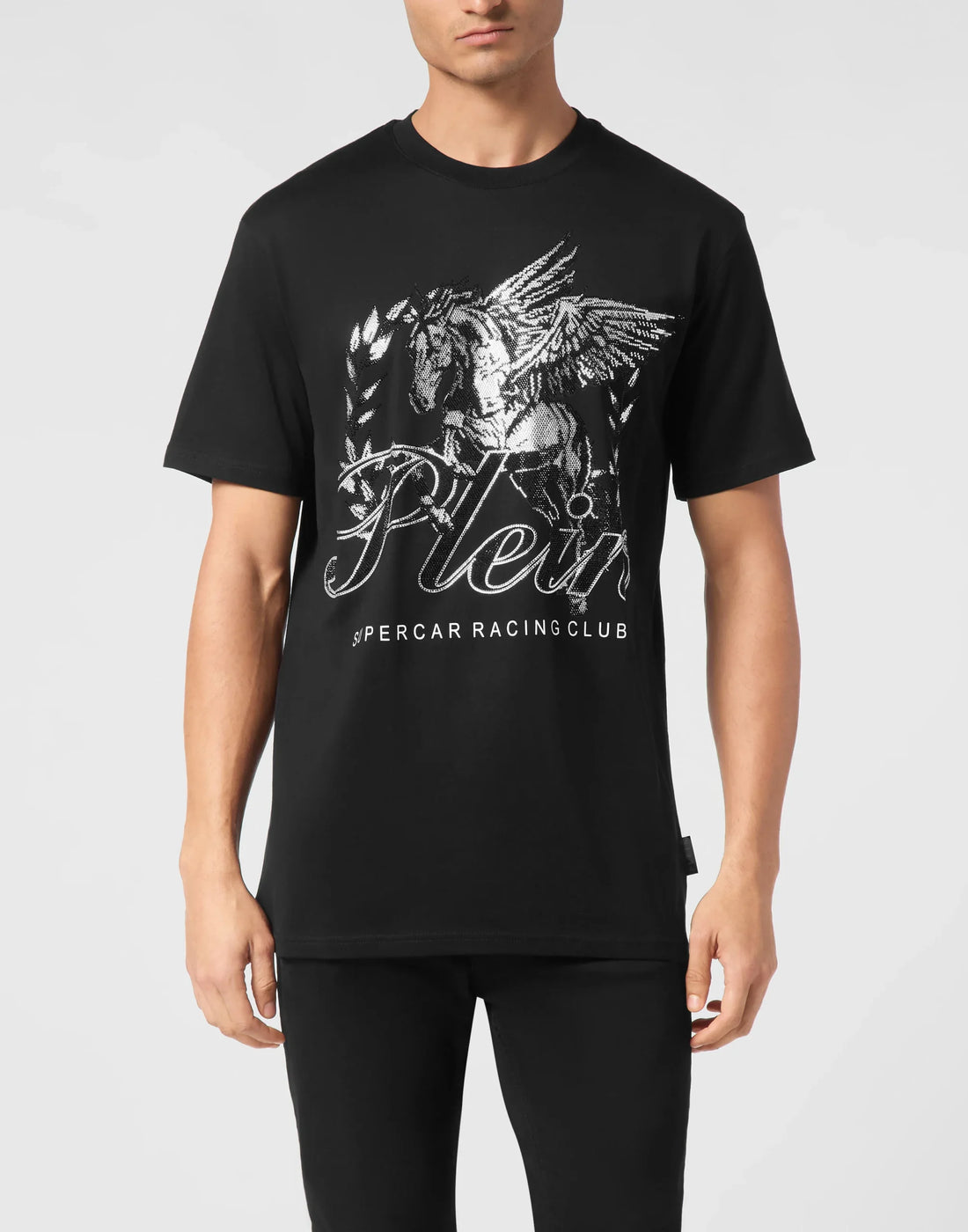 Philipp Plein black and white Supercar Racing Club T-shirt featuring rhinestone embellishments, bold front print, rib-knit neckline, and luxury cotton jersey fabric, available at Lestyle Boutique.