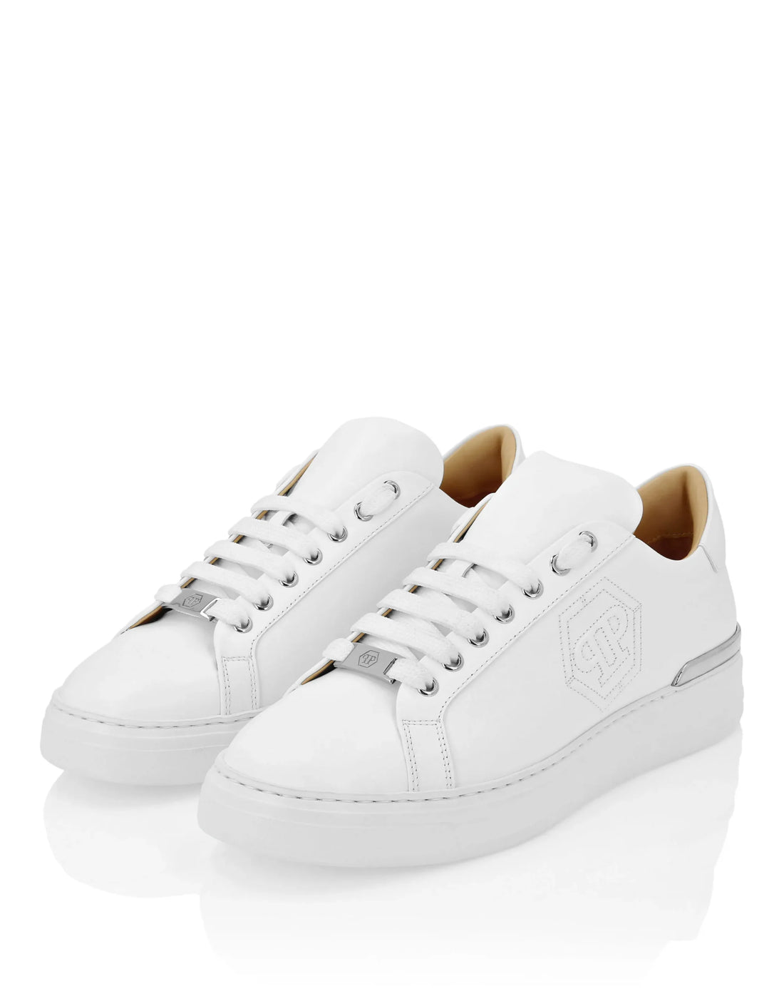 Philipp Plein white Nappa leather lo-top sneakers featuring a PP Hexagon logo print, nickel-plated heel stabilizer, moulded outsole, and luxury craftsmanship, available at Lestyle Boutique.