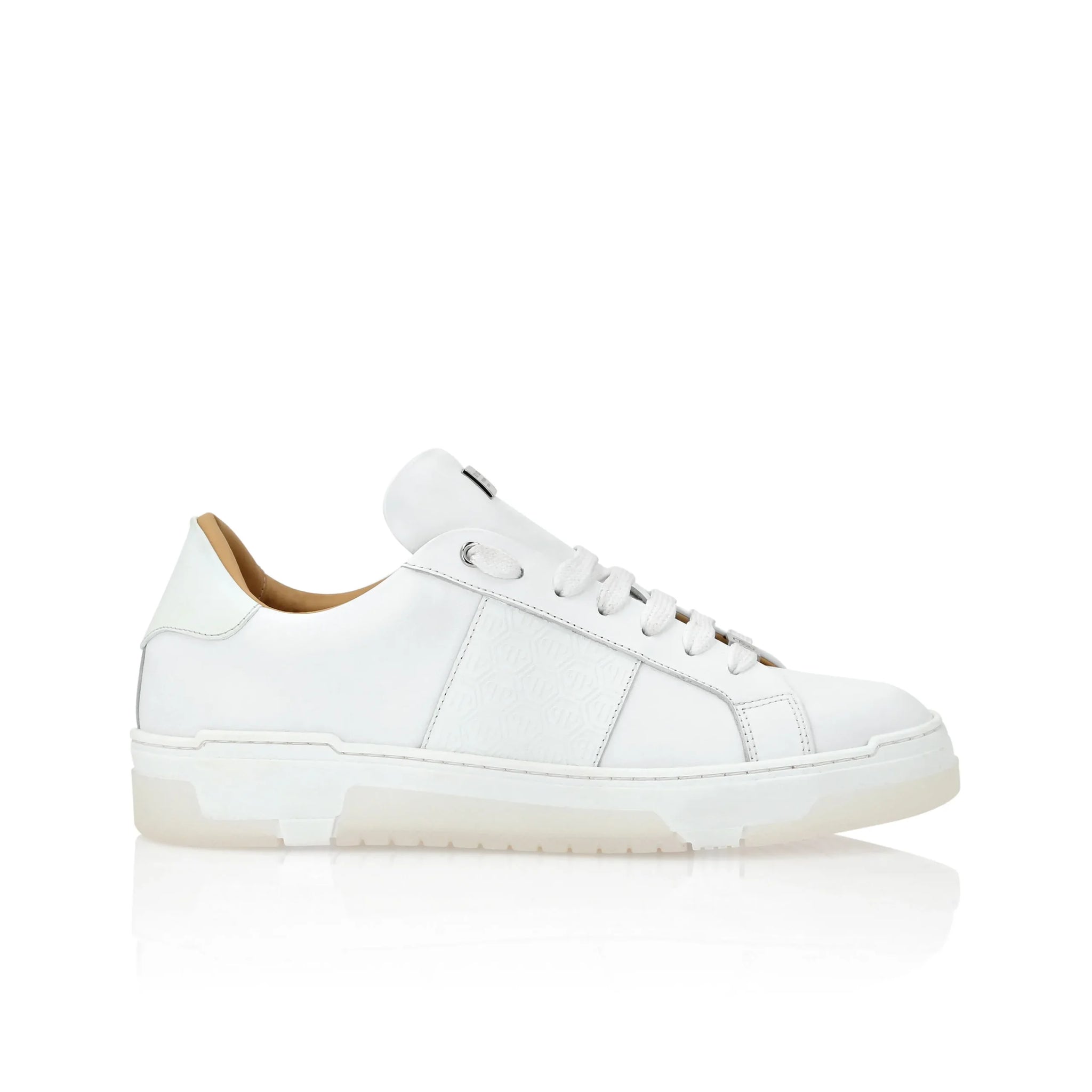 Philipp Plein white leather lo-top sneakers featuring contrasting rubber details, a bold coloured strap, and a shock-absorbing midsole, available at Lestyle Boutique.