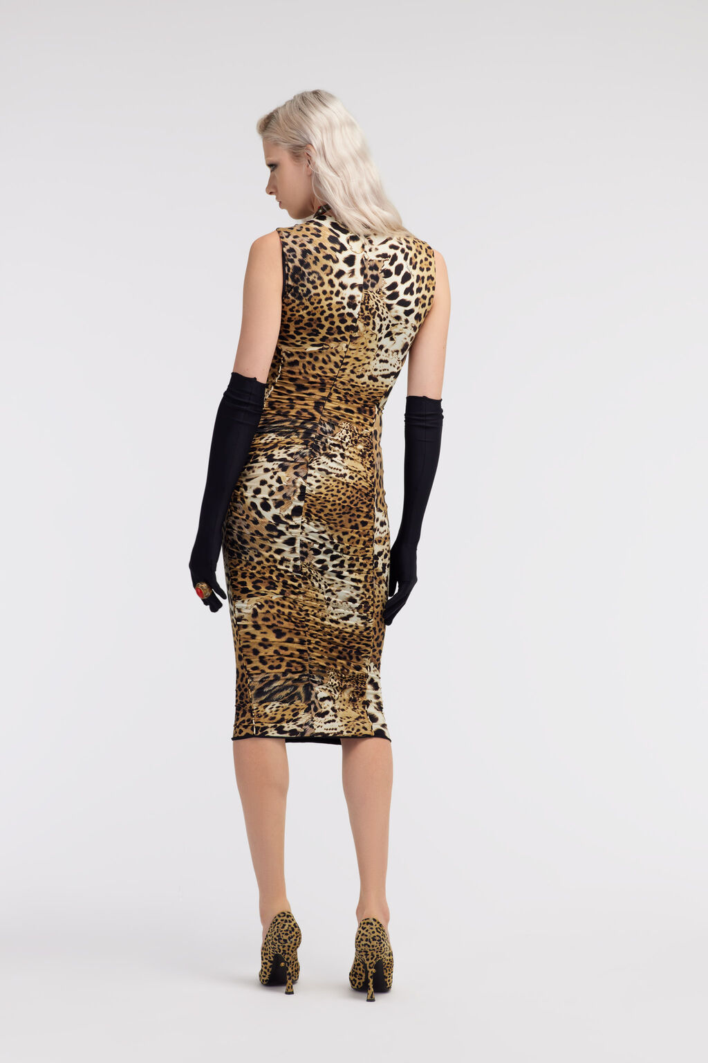 Roberto Cavalli leopard print dress with multicolor pattern, featuring a slim fit and vibrant design, available at Lestyle Boutique Melbourne.
