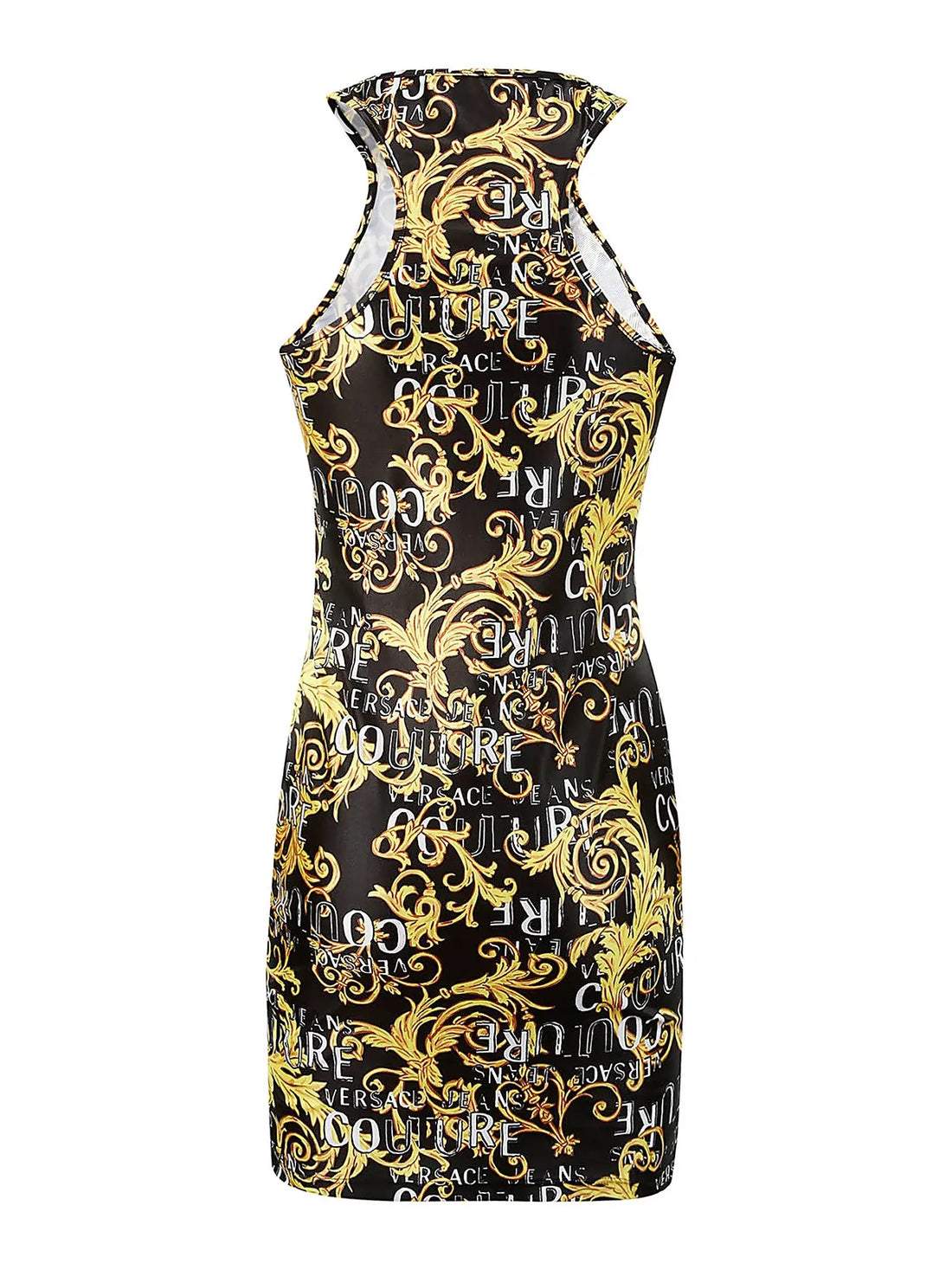 Versace Jeans Couture gold and black baroque print sleeveless mini dress in polyester, available at Lestyle Boutique 136 Little Collins St.