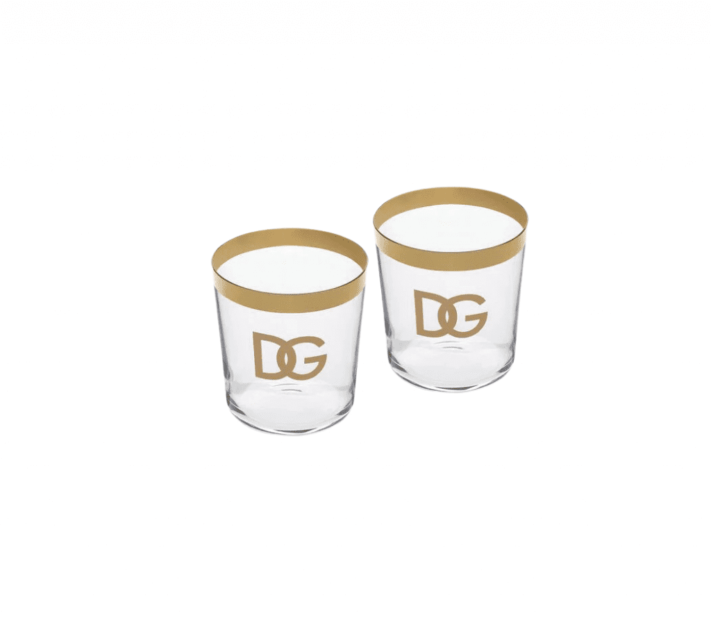 Dolce & Gabbana logo-print water glasses with gold-tone rim, set of two, available at Lestyle Boutique Melbourne