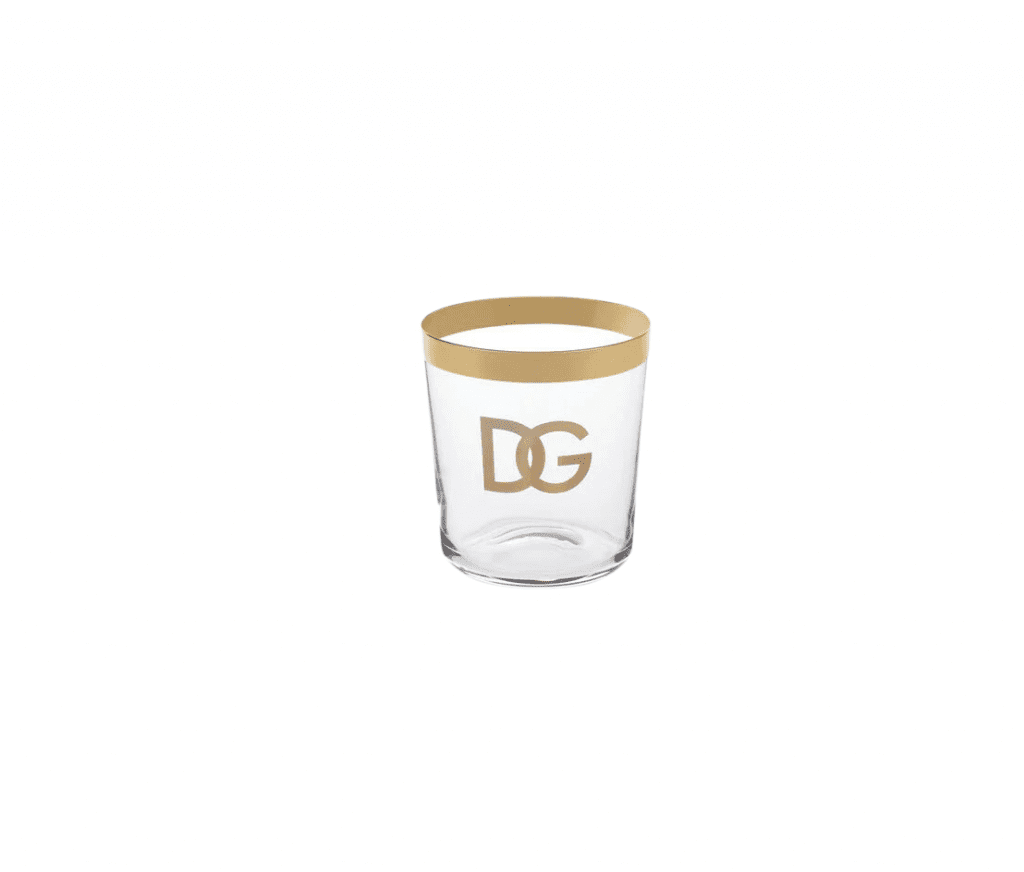 Dolce & Gabbana logo-print water glasses with gold-tone rim, set of two, available at Lestyle Boutique Melbourne