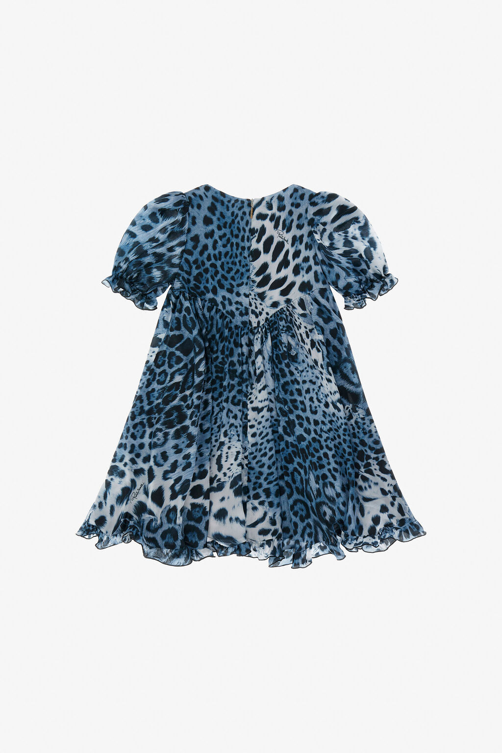 Roberto Cavalli Leopard Print Dress in Jaguar Skin Blue, featuring puff sleeves and ruffled details, available at Lestyle Boutique Melbourne.