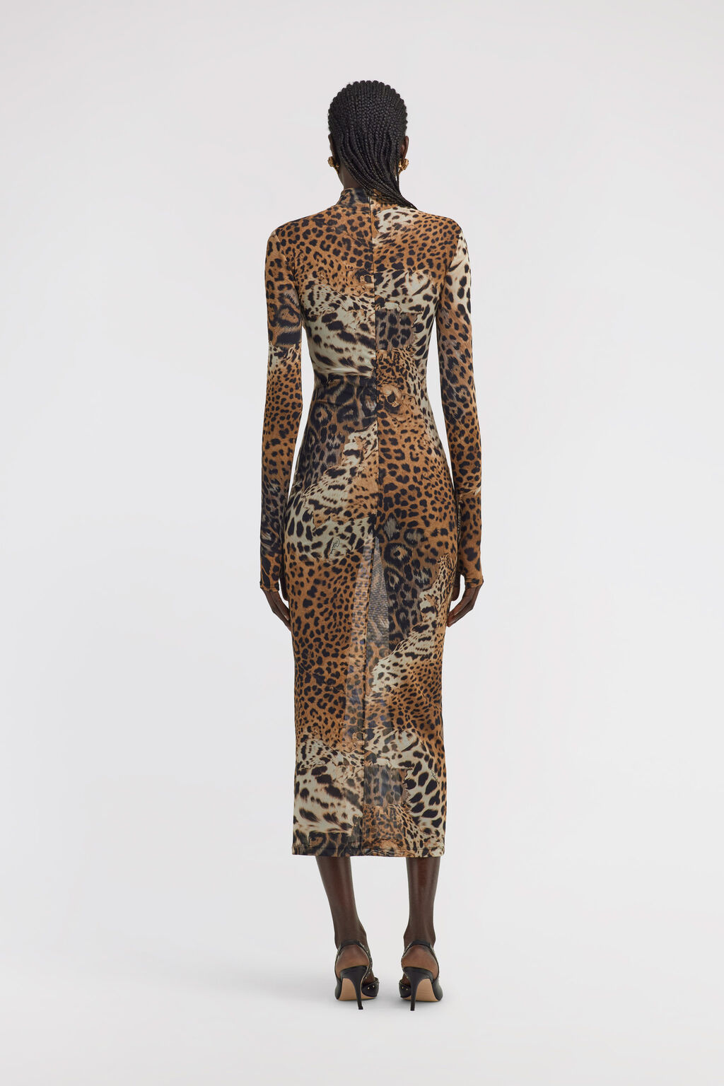 Roberto Cavalli Long Tulle Dress in Jaguar Print, featuring a bold animal pattern, available at Lestyle Boutique Melbourne.