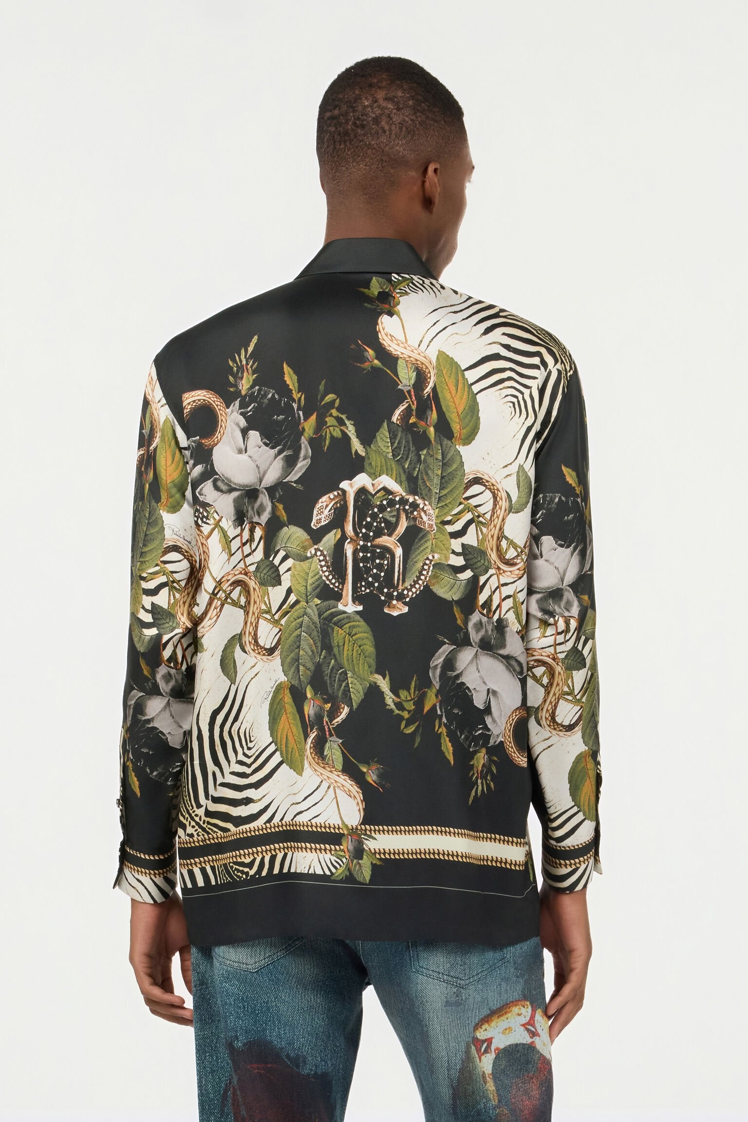 Roberto Cavalli Zebra and Snake Print Silk Shirt featuring bold animal prints, available at Lestyle Boutique Melbourne