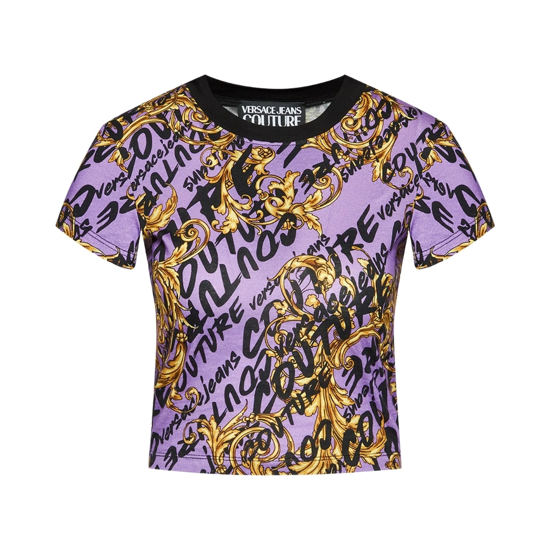 Versace Jeans Couture viola (purple) regular fit t-shirt featuring a graphic pattern and scoop neck, available at Lestyle Boutique 136 Little Collins St.
