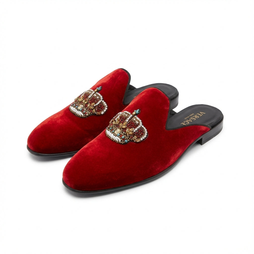 Versace shoes with jeweled crest on red velvet mule, available at Lestyle Boutique Melbourne