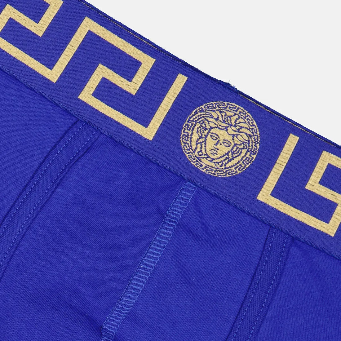 Versace Boxer Medusa long in blue with gold detailing, high-quality fabric and stylish design. Available at Lestyle Boutique Melbourne
