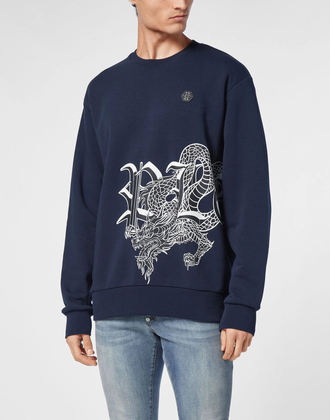 Philipp Plein navy sweatshirt featuring a white dragon graphic and logo, crafted from a soft cotton blend, available at Lestyle Boutique Melbourne.