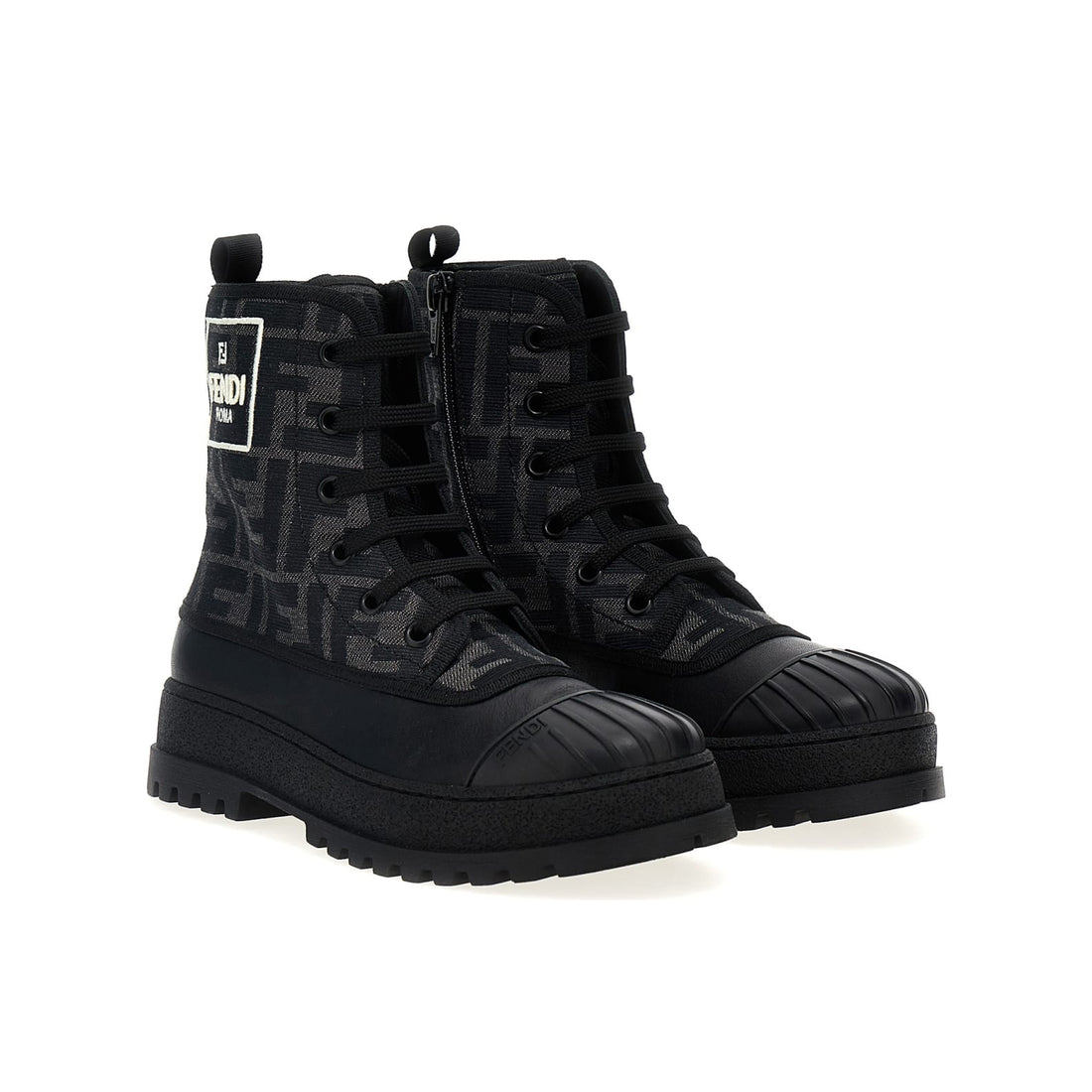 Fendi Roma ankle boots in black and grey featuring FF monogram canvas, available at Lestyle Boutique Melbourne.