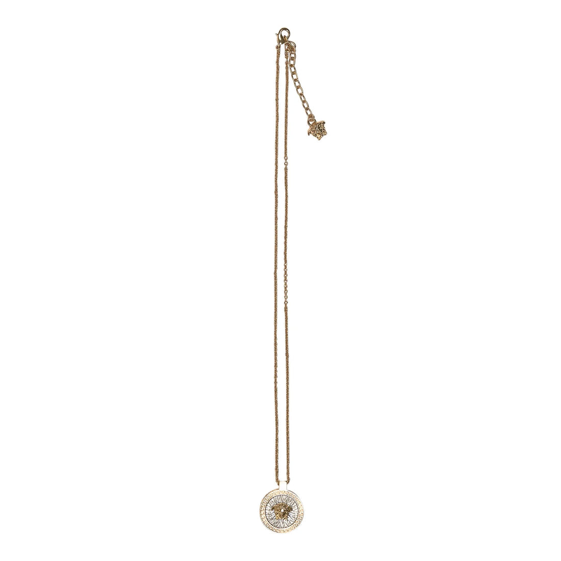 Versace Gold Palladium Medusa Pendant Necklace with an adjustable chain and Medusa-embossed pendant, available at Lestyle Boutique.