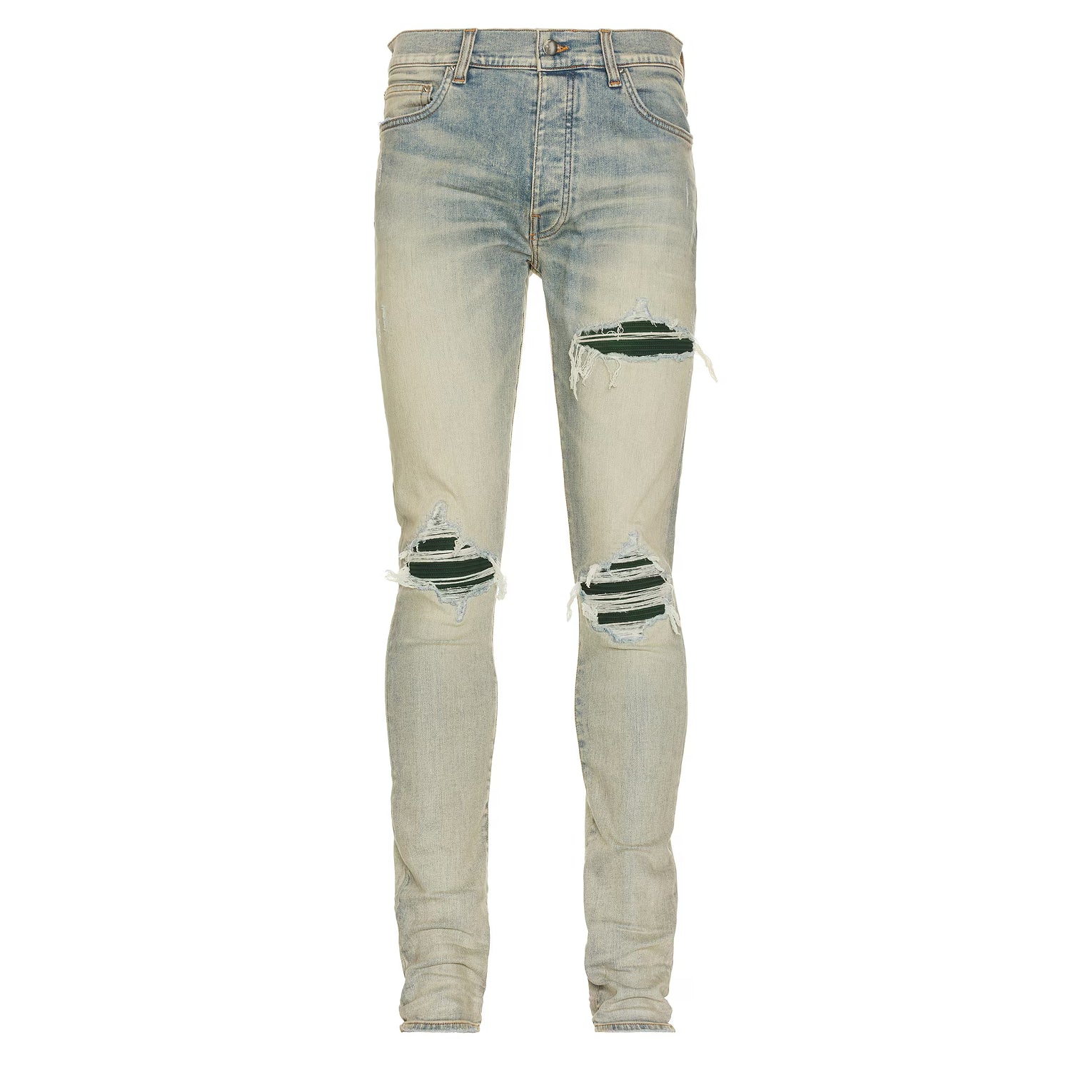 A pair of antiqued indigo stretch skinny jeans by AMIRI, available at Lestyle Boutique. These jeans feature a stonewashed and distressed finish, repaired rip details, and a contrasting logo metal plate for a bold, modern look.