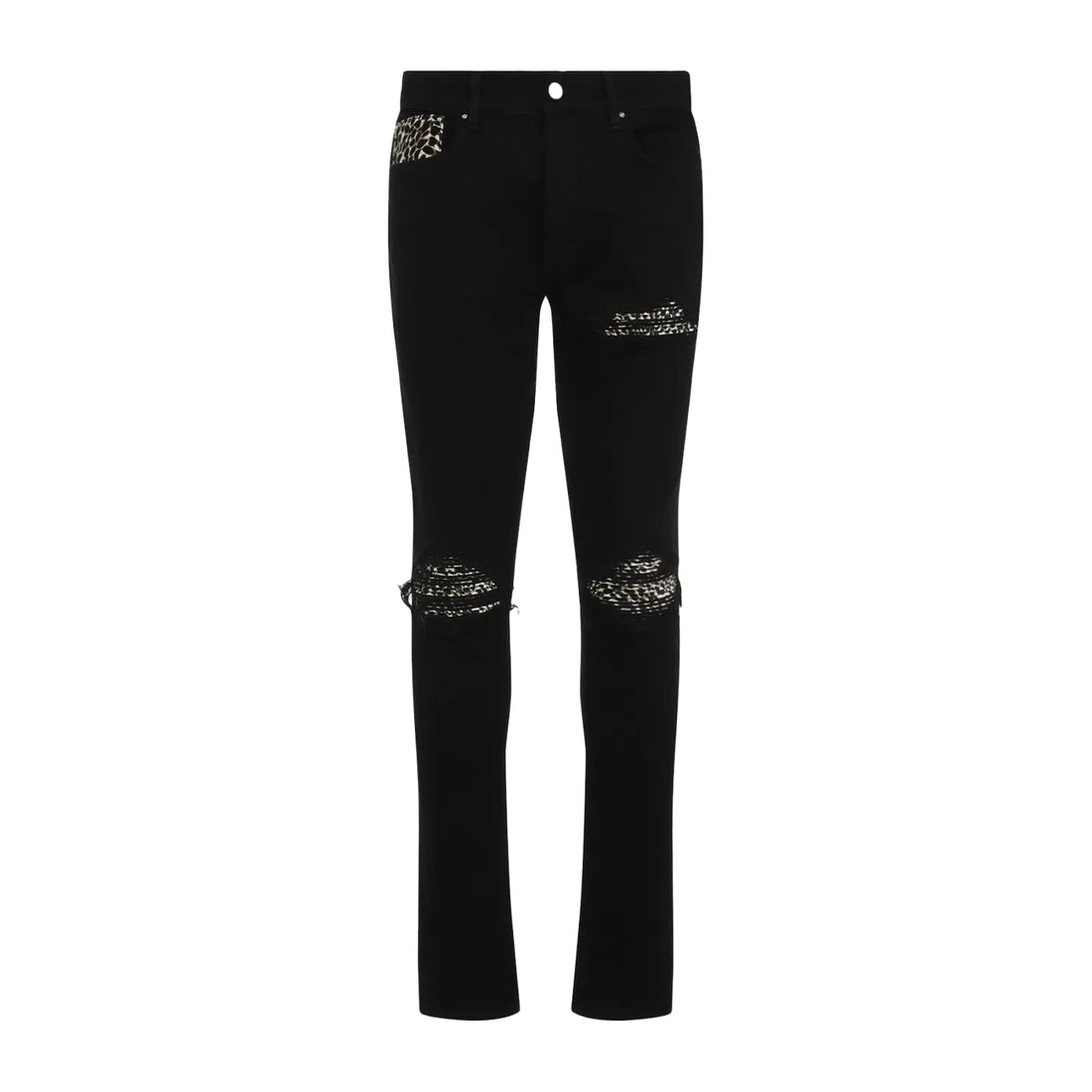 A pair of black stretch skinny jeans by AMIRI, available at Lestyle Boutique. These jeans feature repaired rips with leopard motif inserts, a concealed button closure, and classic five-pocket detailing for a bold and contemporary look.