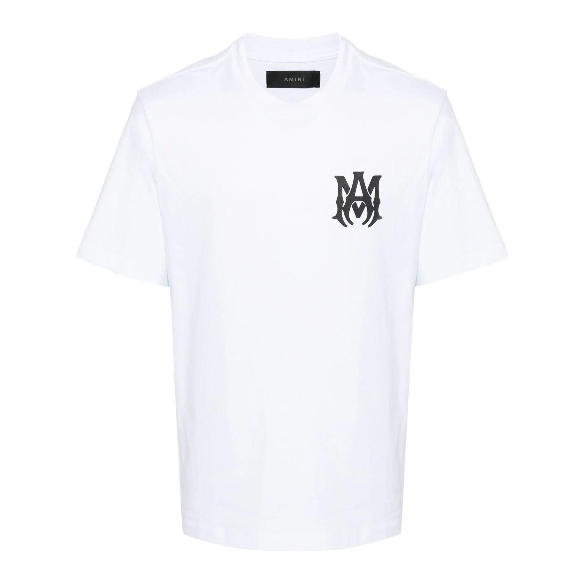 A white cotton t-shirt by AMIRI, available at Lestyle Boutique. Featuring an MA monogram logo on the chest and a bold AMIRI logo on the back, this tee offers classic design with elevated details.
