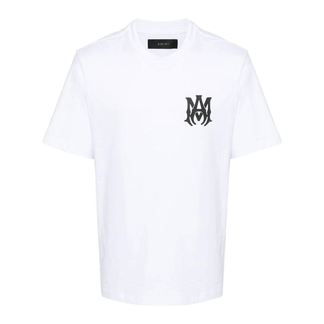 A white cotton t-shirt by AMIRI, available at Lestyle Boutique. Featuring an MA monogram logo on the chest and a bold AMIRI logo on the back, this tee offers classic design with elevated details.