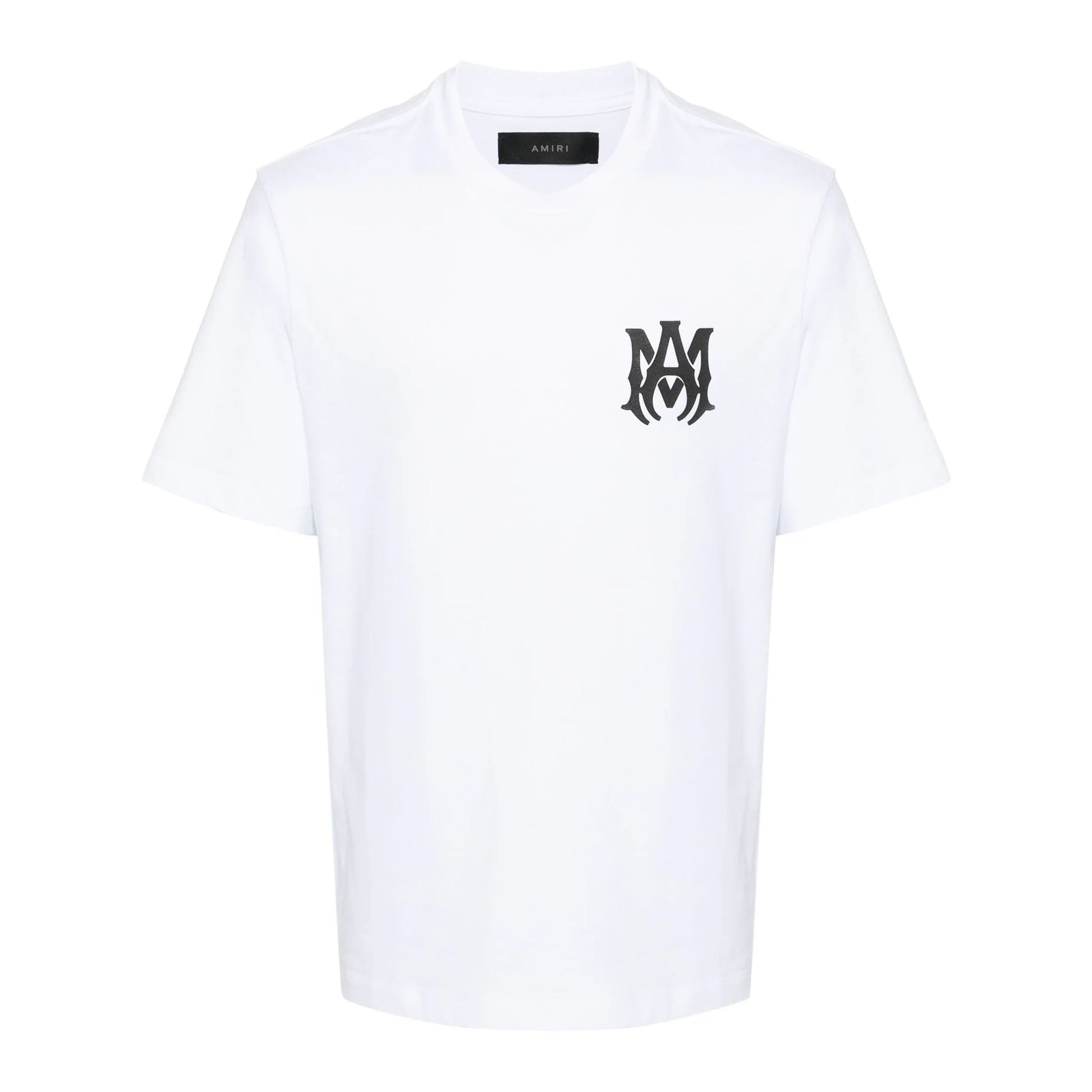 A white cotton t-shirt by AMIRI, available at Lestyle Boutique. Featuring an MA monogram logo on the chest and a bold AMIRI logo on the back, this tee offers classic design with elevated details.