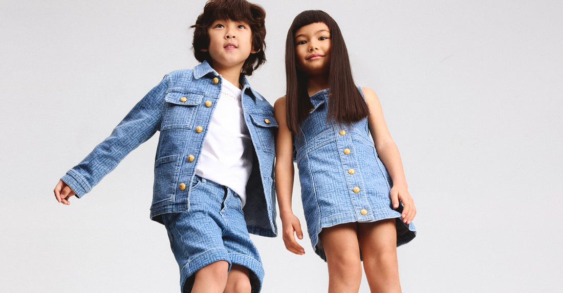 Balmain Kids logo-print denim dress with front button fastening available at Lestyle Boutique Melbourne